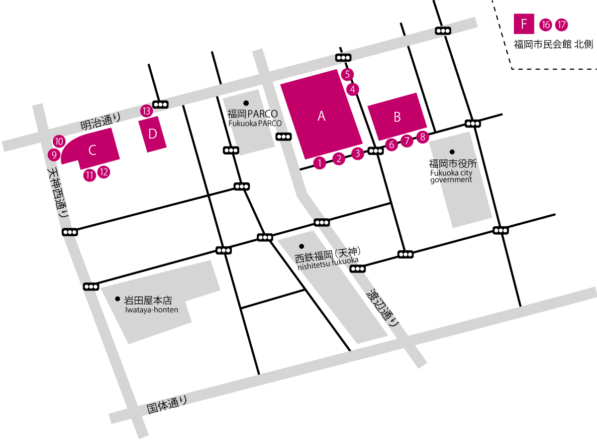 天神地区の掲出場所の地図